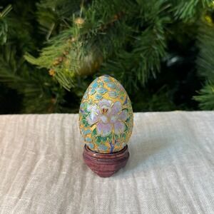 Vintage‎ Cloisonne Egg Decor Display Stand Floral Design Blue Gold